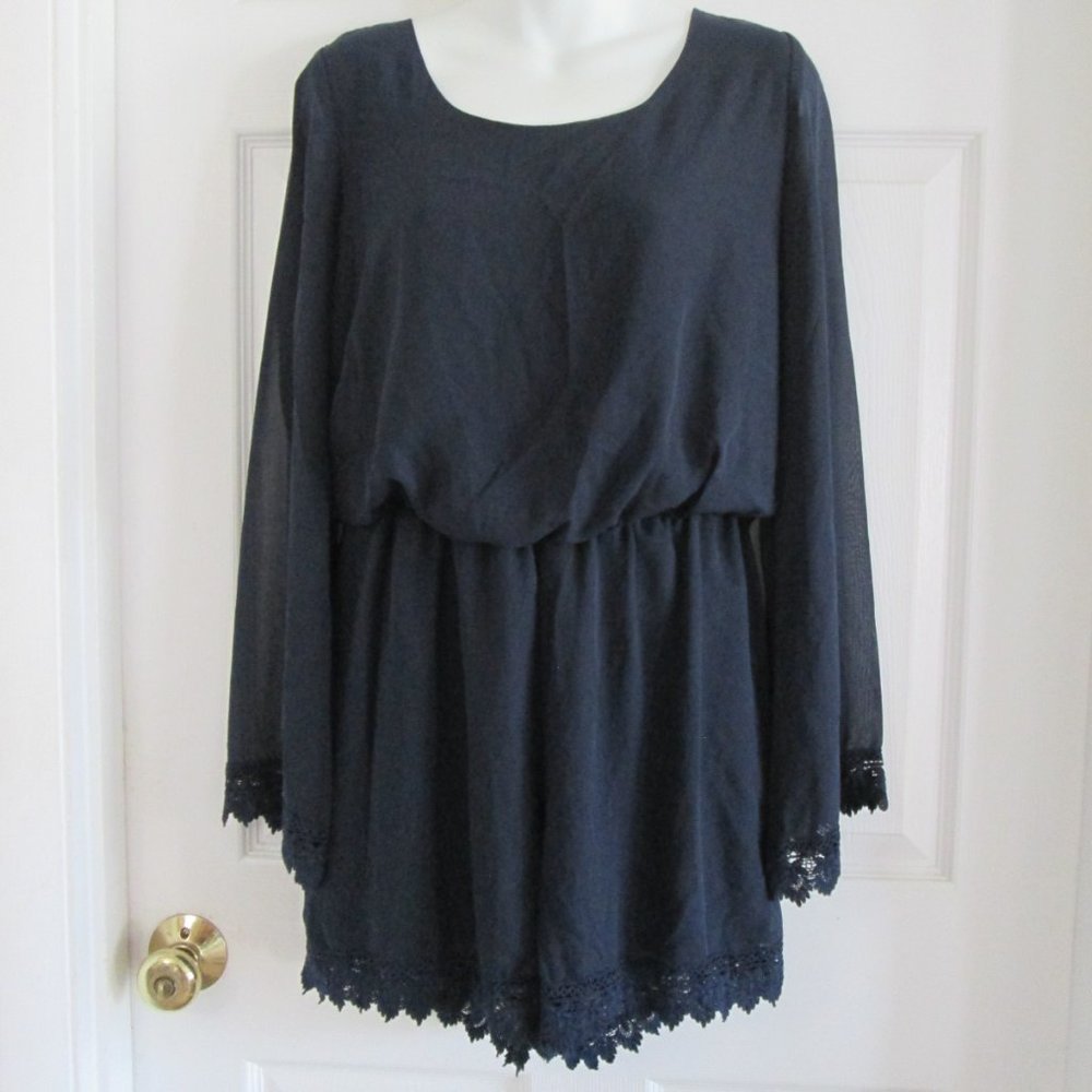 JODI KRISTOPHER Navy Blue Lined Romper, Bell Sleeves & Lace Trim (M)